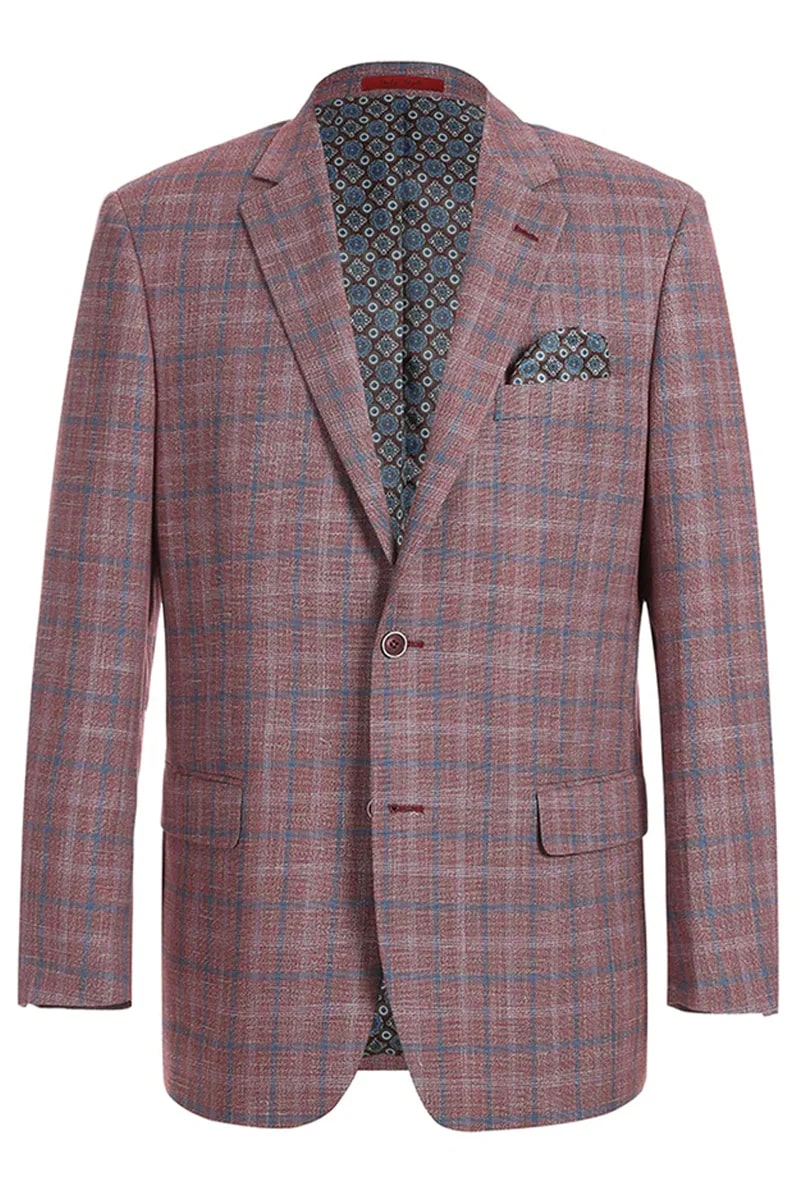 Men's Burgundy Windowpane Plaid Sport Coat Blazer - Classic Fit Two Button Jacket