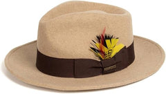 Men's Wool Fedora Hat - Crushable, Beige Melange - with Removable Feather