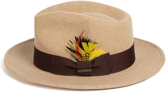 Men's Wool Fedora Hat - Crushable, Beige Melange - with Removable Feather