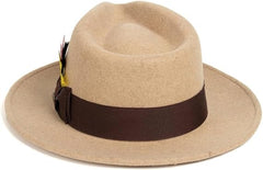 Men's Wool Fedora Hat - Crushable, Beige Melange - with Removable Feather