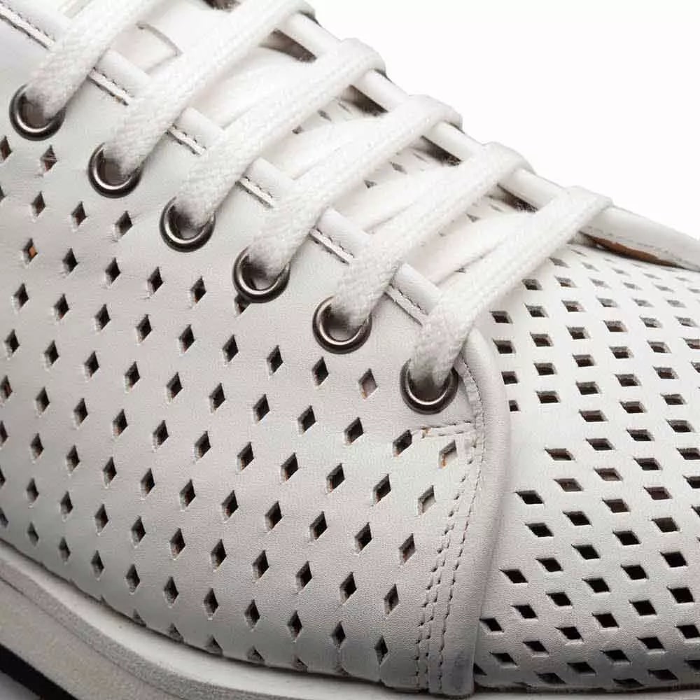 Men's White Leather Perforated Sneakers - Mezlan Luce Designer Casual Shoes