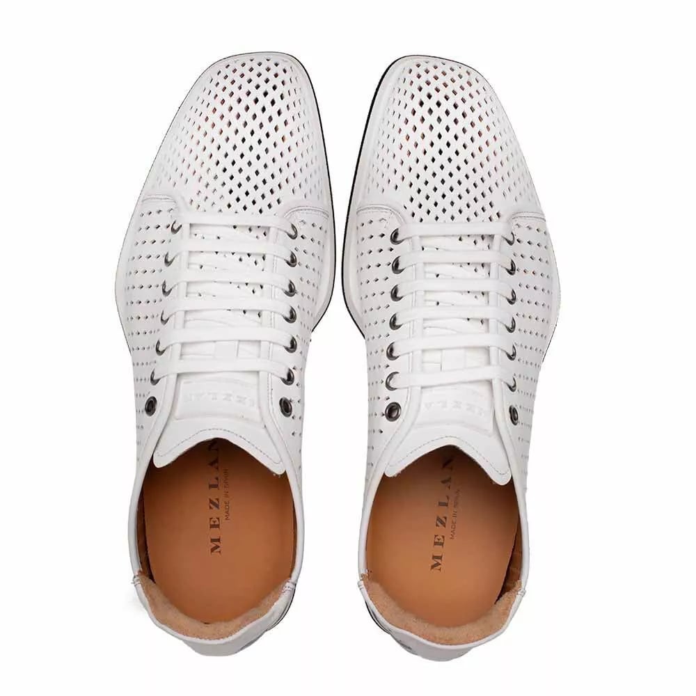 Men's White Leather Perforated Sneakers - Mezlan Luce Designer Casual Shoes