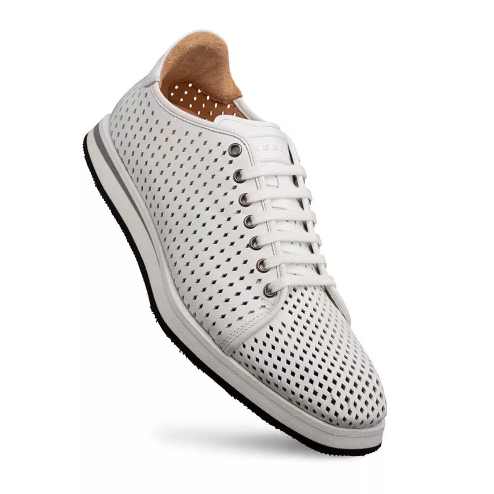 Men's White Leather Perforated Sneakers - Mezlan Luce Designer Casual Shoes