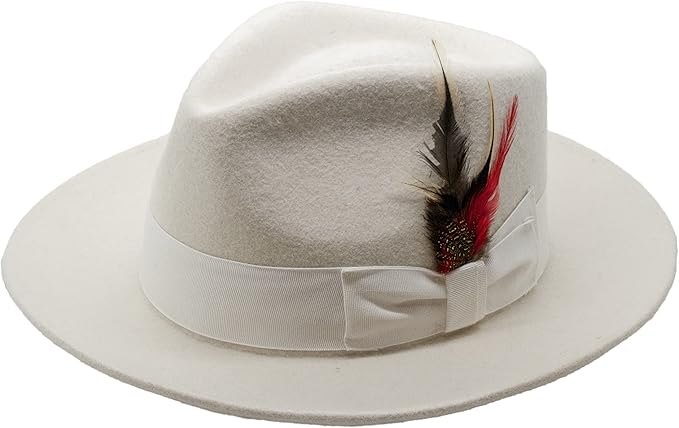 Men's Wool Fedora Hat - Crushable, White, with Removable Feather