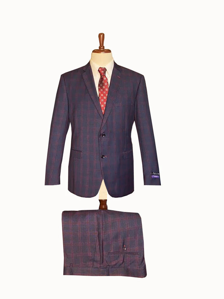 Men's Navy Blue Plaid Wool Suit - Windowpane Check Business Suit - Modern & Classic Fit