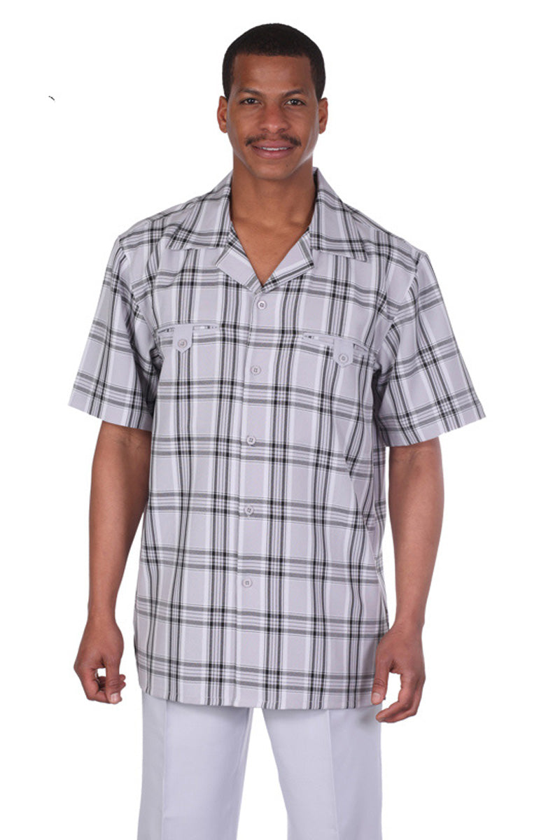 Men's Grey Plaid Summer Suit Set: Short Sleeve Button-Down Shirt & Shorts