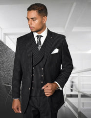 Men's Pinstripe Suit Vest, Double-Breasted, Black, Formal, Wedding, Slim Fit