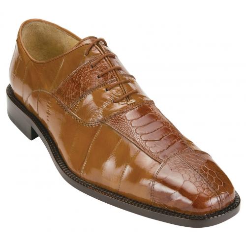 Genuine Eel & Ostrich Leg Leather Belvedere Mare Camel Exotic Skin Dress Shoes