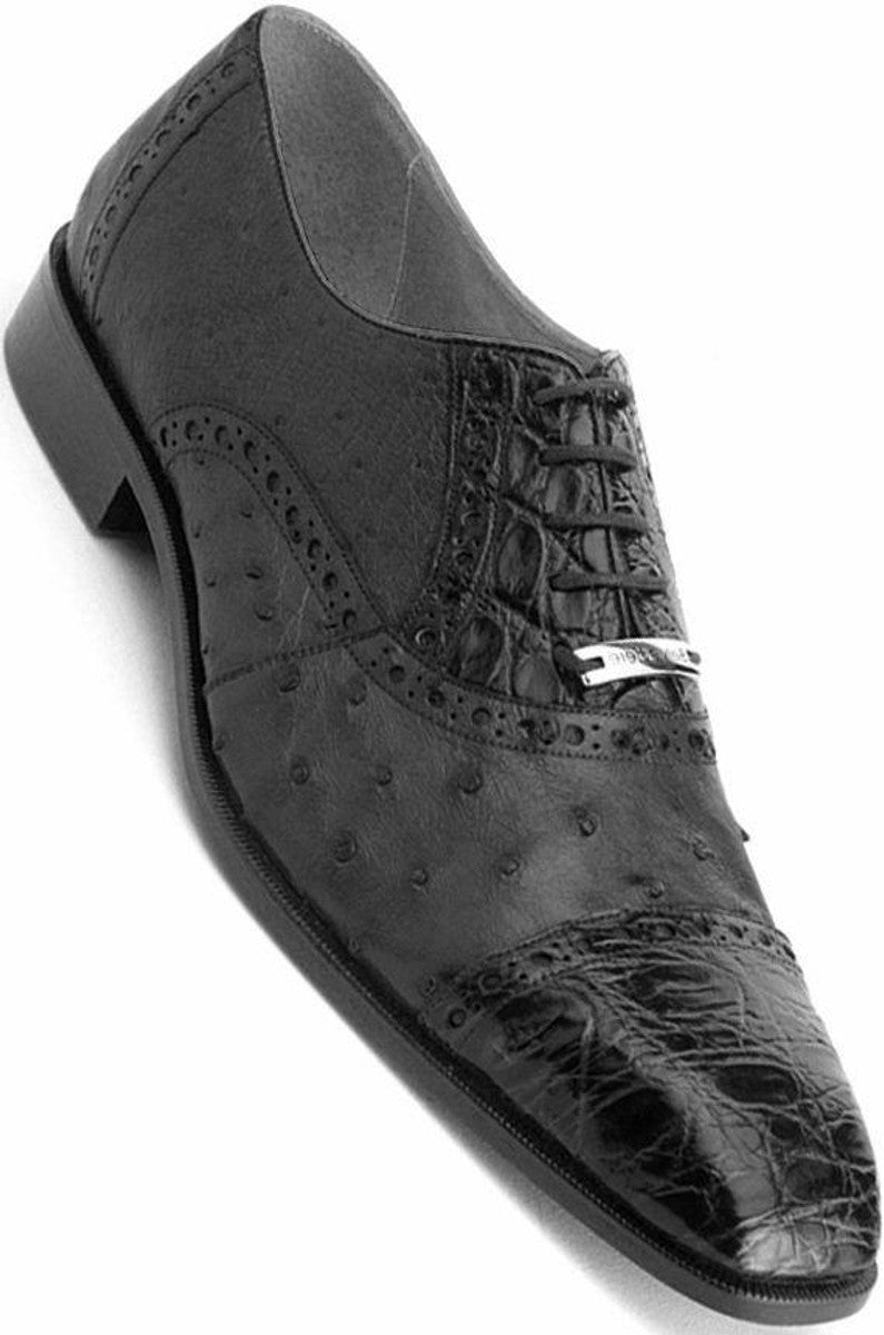 Men's Black Ostrich & Crocodile Cap Toe Oxford Dress Shoes - Belvedere Onesto