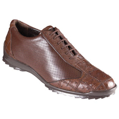 Men's Casual Ostrich Leather Sneakers - Brown Zig-Zag Design