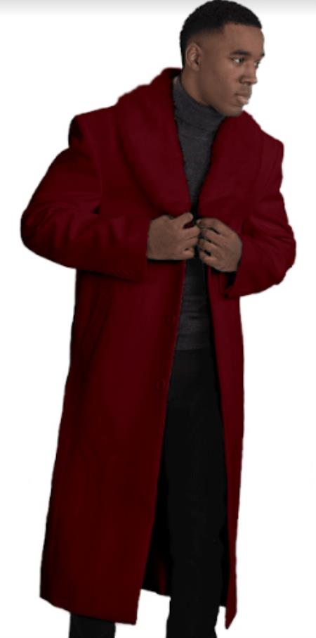 Men's Burgundy Wool Overcoat with Fur Collar | Winter Long Topcoat