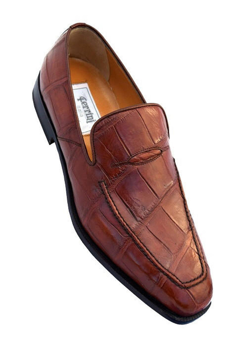 Men's Cognac Brown Genuine Alligator Loafers - Ferrini Crocodile Shoes