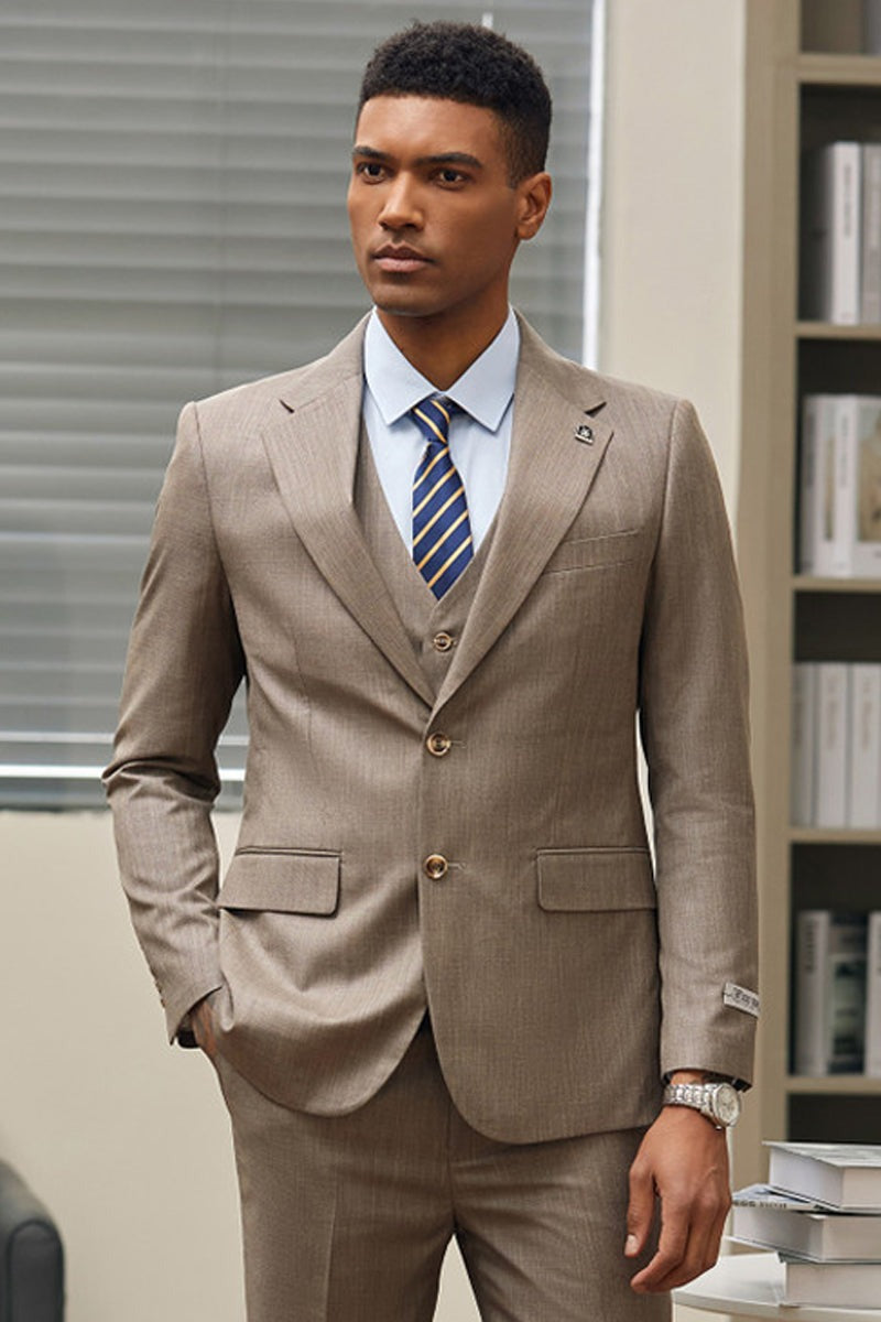 Men's Tan Sharkskin Suit - Stacy Adams 2-Button Vested Business Suit