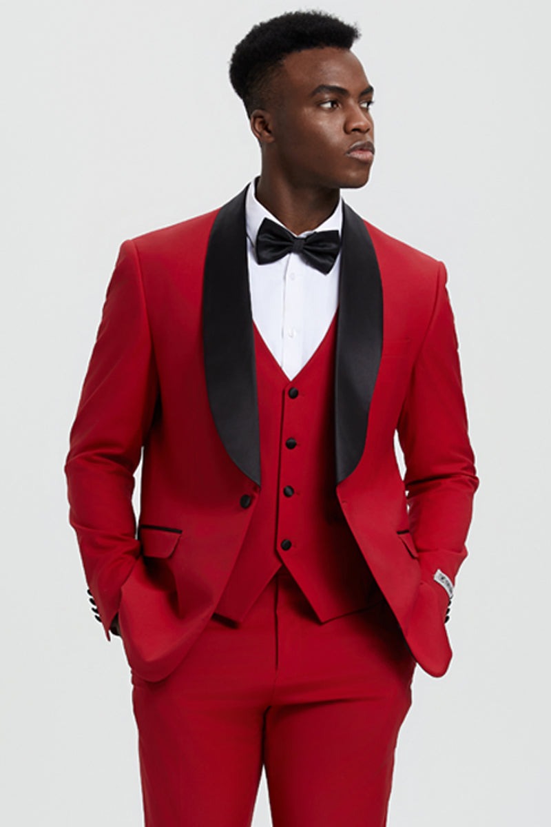 Red Men's Stacy Adams Shawl Lapel Tuxedo Suit - Designer One Button Vested Suit