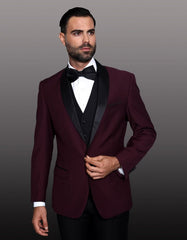 Men's Burgundy Wool Dinner Jacket Shawl Lapel One Button Classic Fit