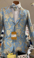 Sky Blue Paisley Tuxedo Suit with Gold Accents