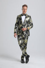 Black & Gold Paisley Wedding Tuxedo for Groom with Matching Bow Tie