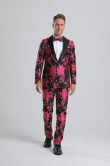 Pink Paisley Wedding Tuxedo for Groom with Bow Tie | Slim Fit Prom Suit