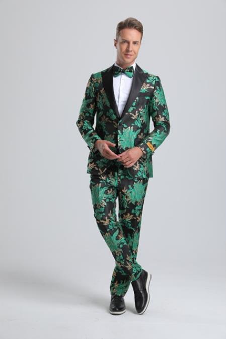 Men's Green Paisley Wedding Tuxedo with Bow Tie - Slim Fit Groom Suit