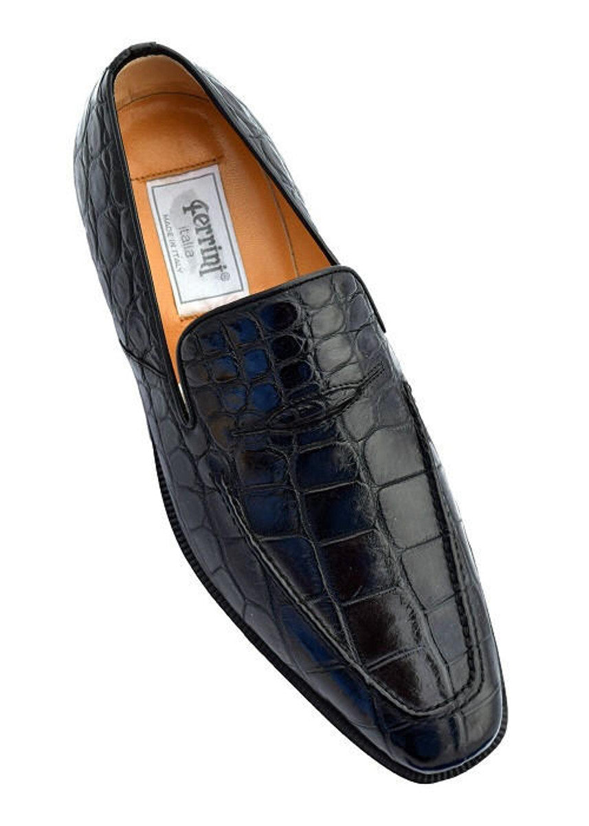 Men's Black Italian Leather Crocodile Print Loafers - Luxury Slip-On Dress Shoes by Ferrini