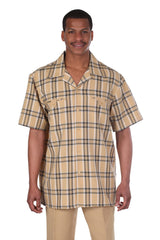 Men's Gold Plaid Short Sleeve Button-Down Shirt and Shorts Set - Summer Outfit