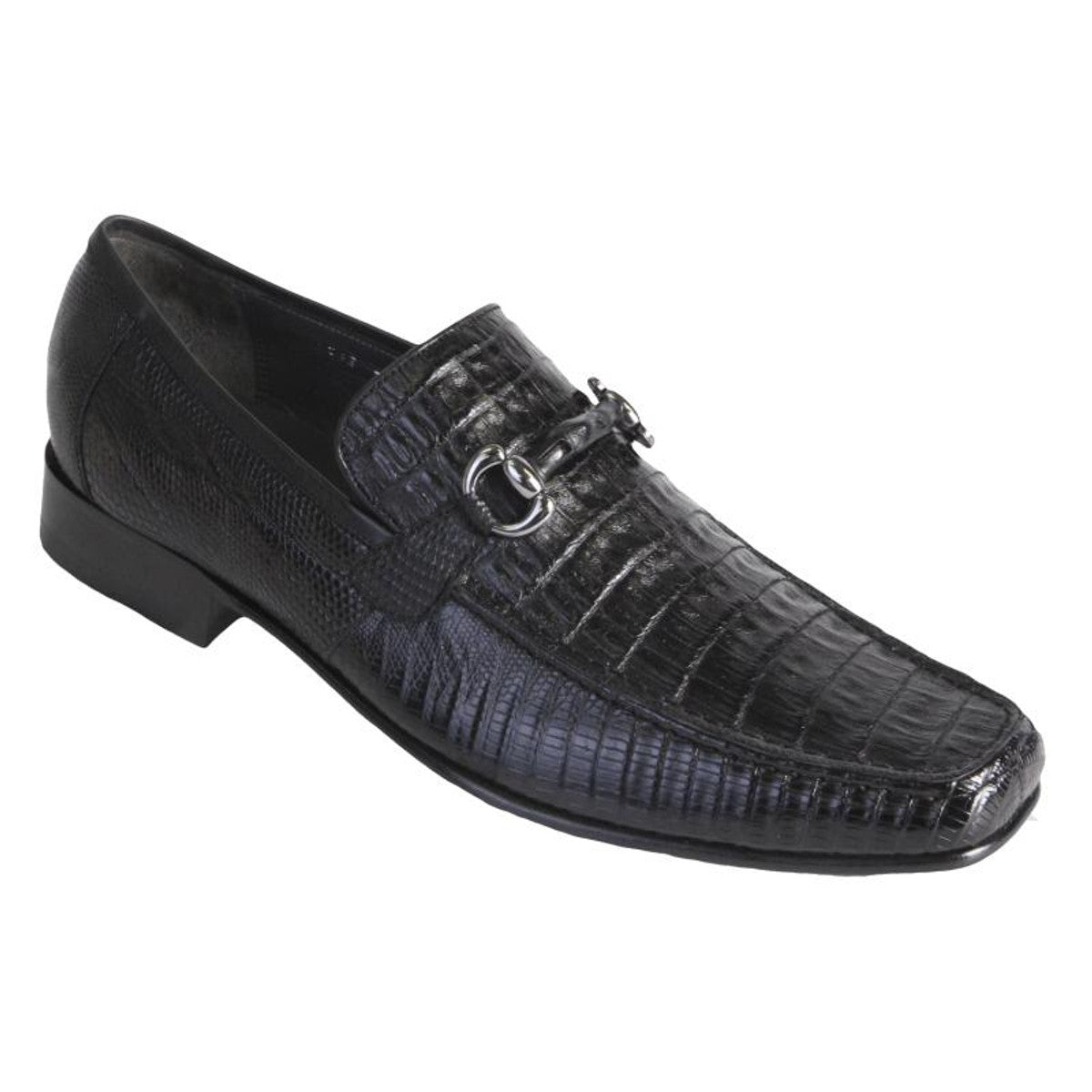 Men's Black Crocodile Embossed Leather Loafers with Metal Bit Detail