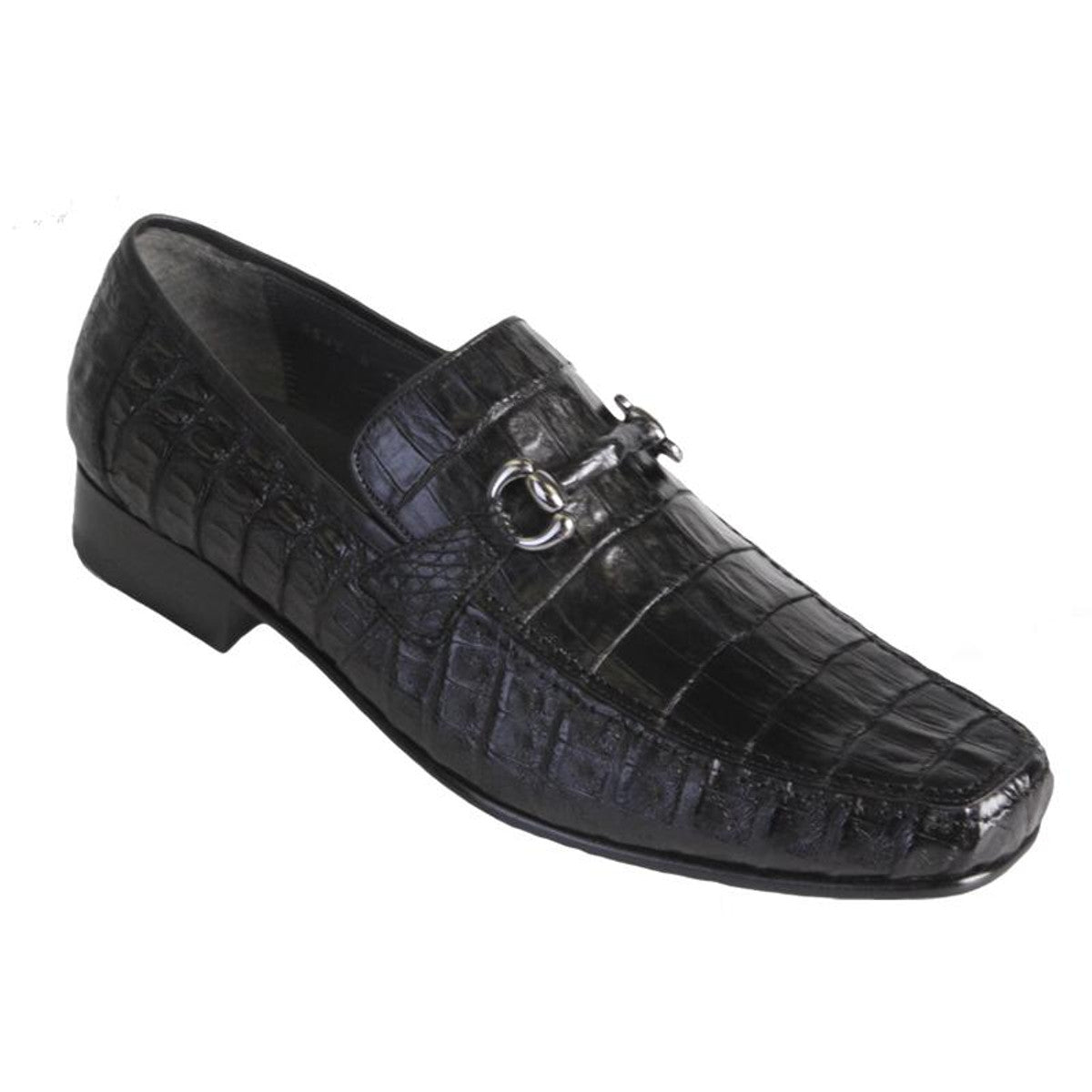 Men's Black Crocodile Embossed Leather Loafers with Metal Bit Detail