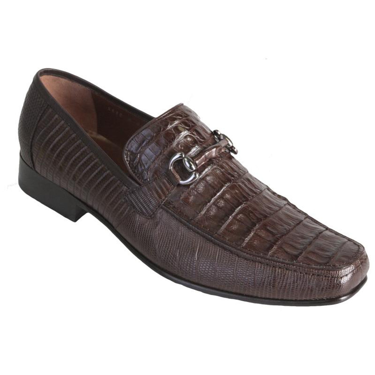 Men's Brown Crocodile Embossed Leather Loafers with Metal Bit Detail