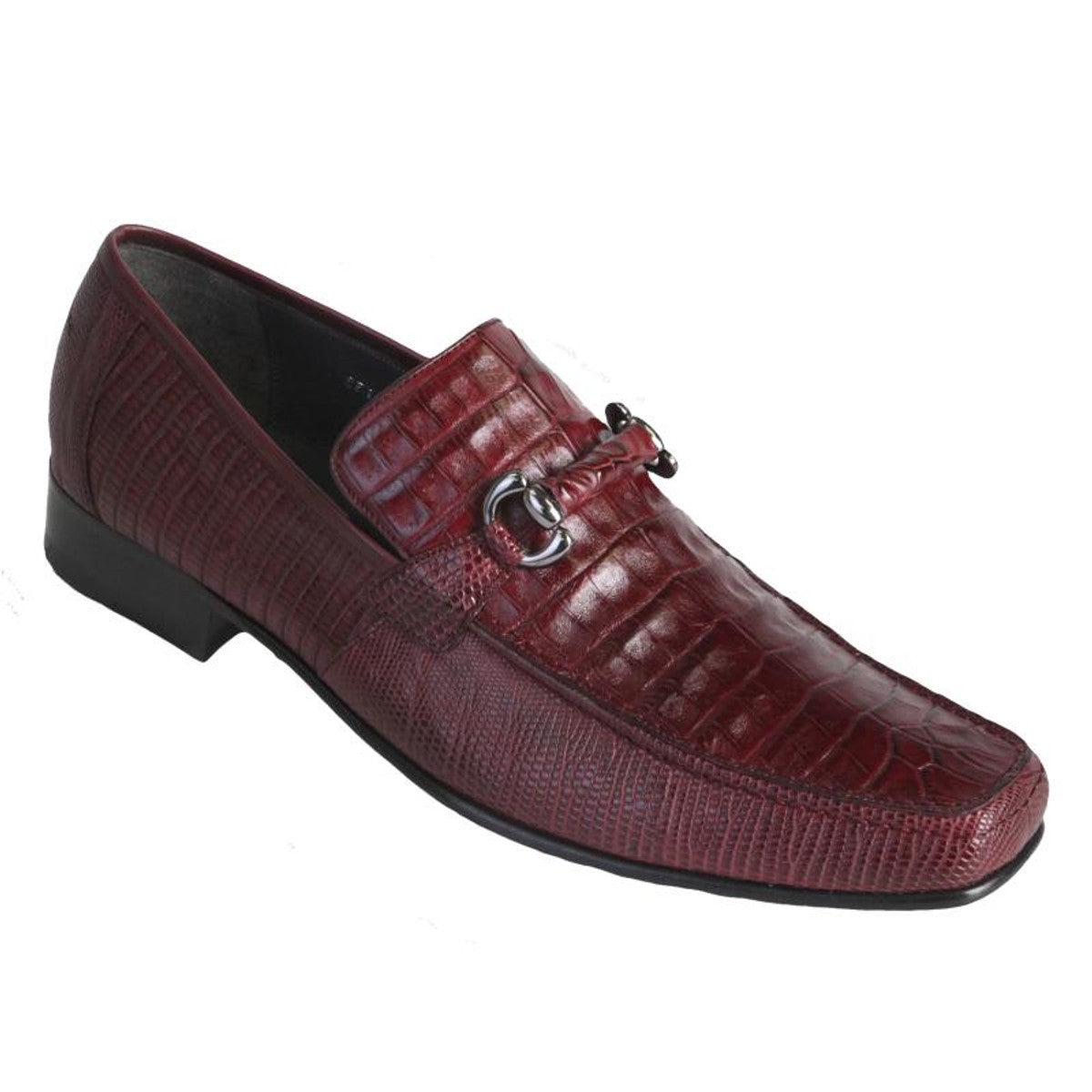 Burgundy Crocodile Embossed Leather Loafers with Metal Bit Detail