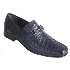 Men's Navy Blue Crocodile Embossed Leather Loafers with Metal Bit Detail