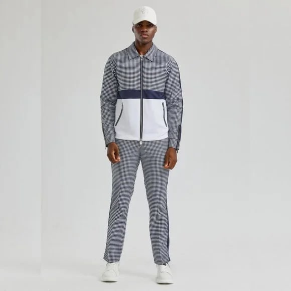 Men's Navy Houndstooth Tracksuit Set - 2 Piece Walking Suit Jogging Suit