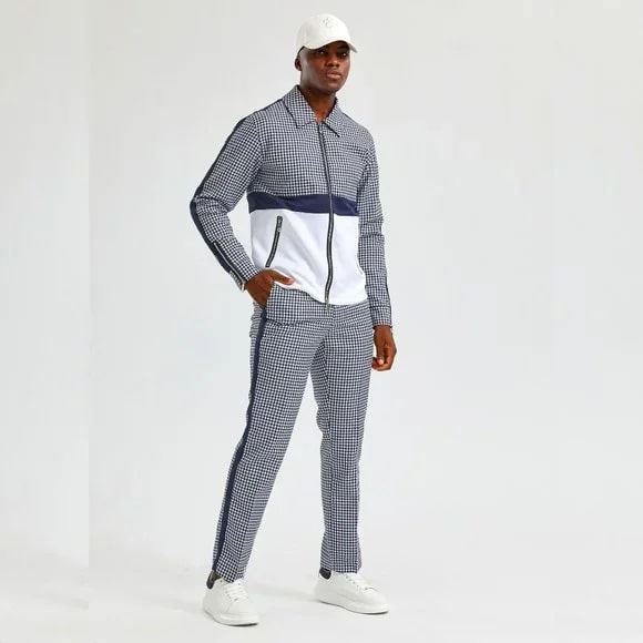 Men's Navy Houndstooth Tracksuit Set - 2 Piece Walking Suit Jogging Suit