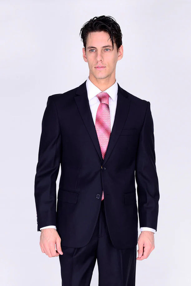 Men's Modern Fit Black Wool Suit - 2 Button Business Suit by Mantoni