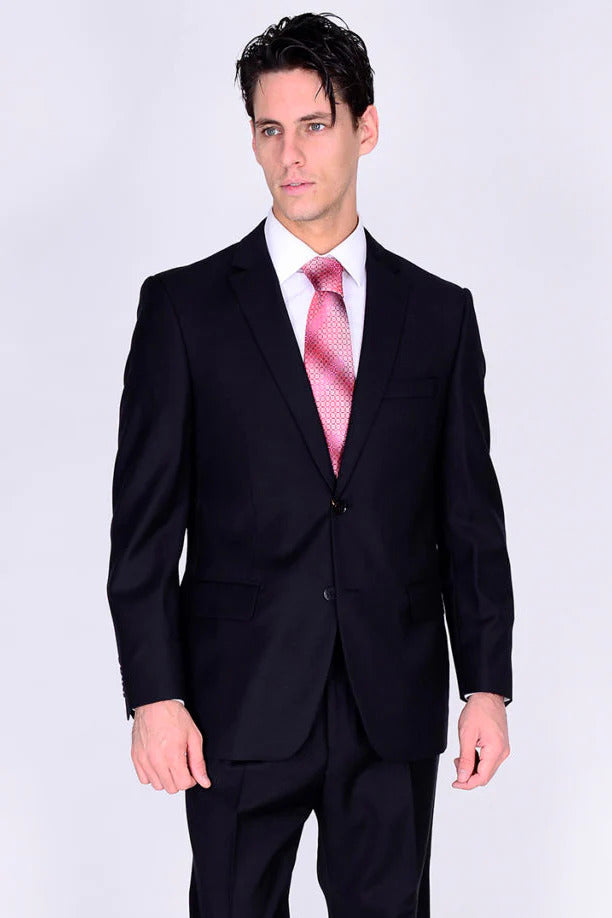 Men's Modern Fit Black Wool Suit - 2 Button Business Suit by Mantoni