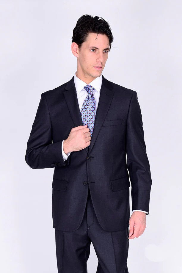 Men's Modern Fit Black Wool Suit - 2 Button Business Suit by Mantoni