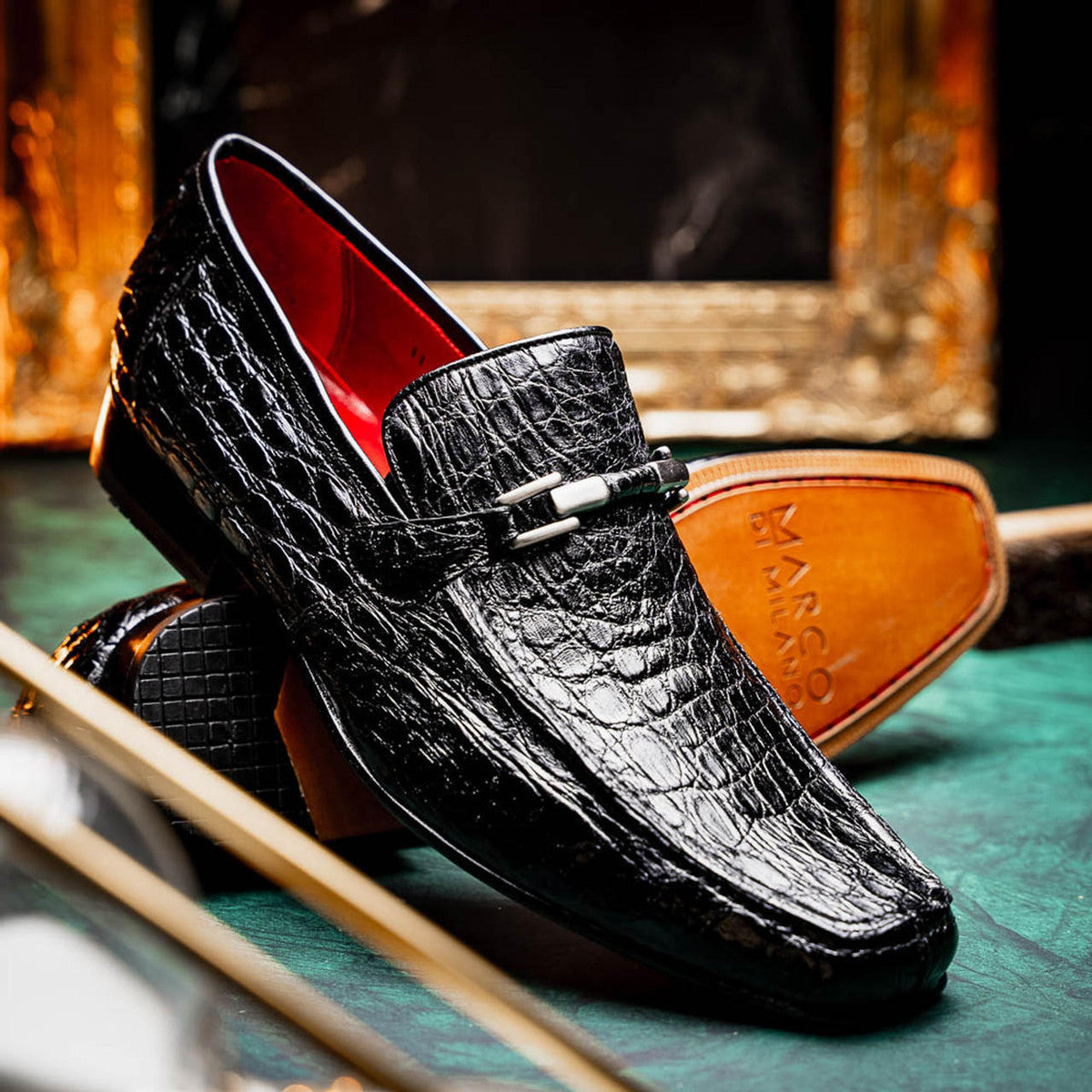 Men's Black Alligator Loafers with Metal Bit | Genuine Caiman Leather Slip-On Dress Shoes by Marco Di Milano