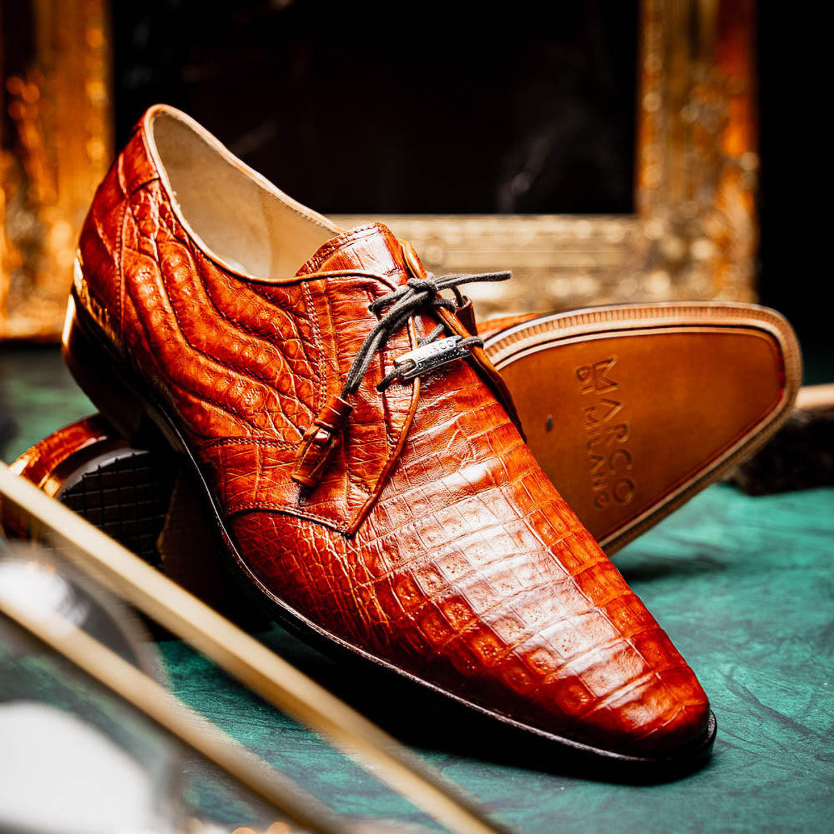 Men's Cognac Caiman Crocodile Alligator Derby Shoes - Genuine Exotic Leather Dress Shoes - Marco Milano Lacio