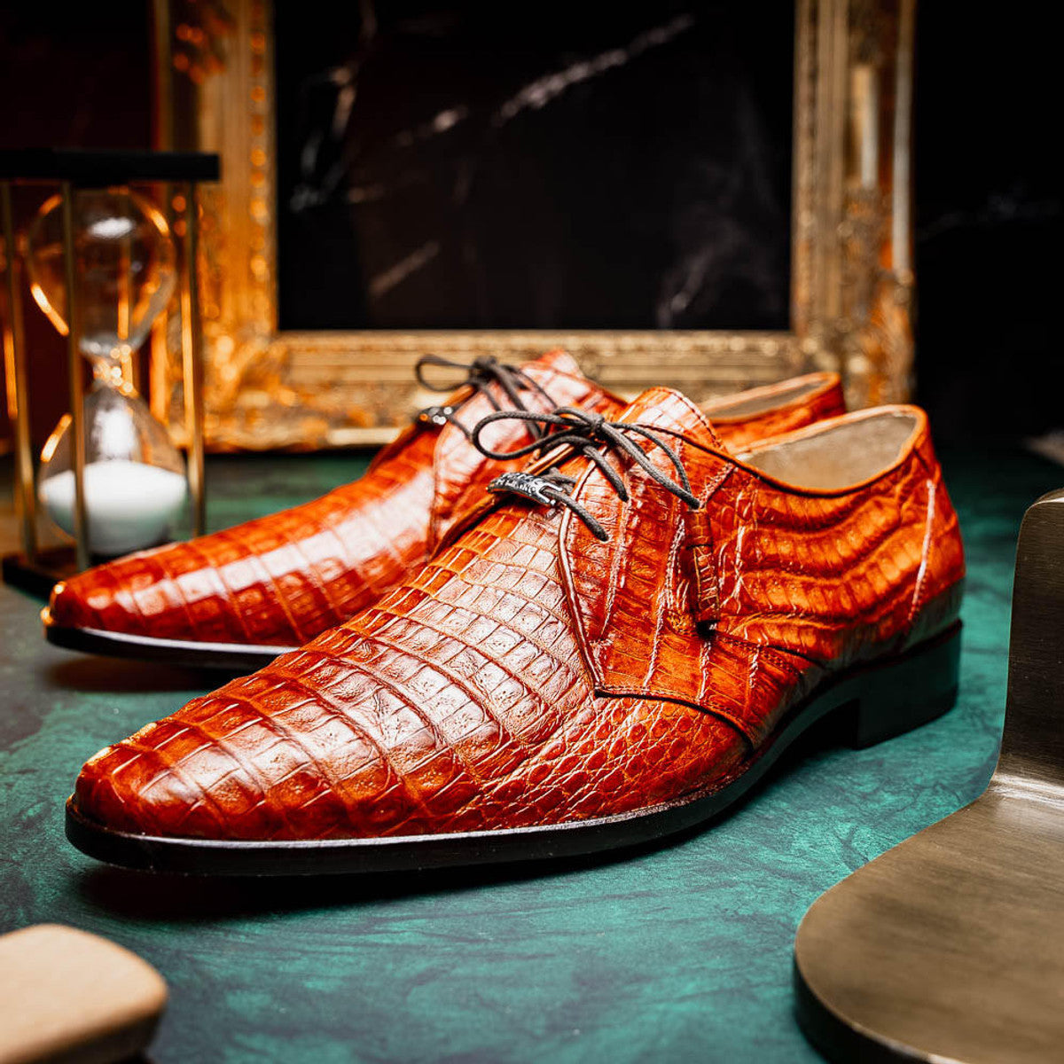 Men's Cognac Caiman Crocodile Alligator Derby Shoes - Genuine Exotic Leather Dress Shoes - Marco Milano Lacio