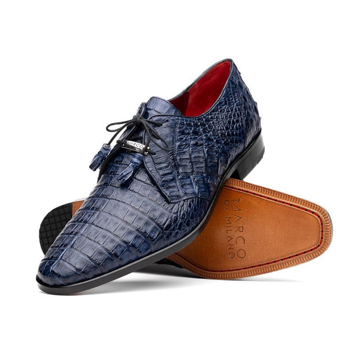 Men's Navy Blue Caiman Crocodile Alligator Leather Derby Dress Shoes - Marco Milano Lacio