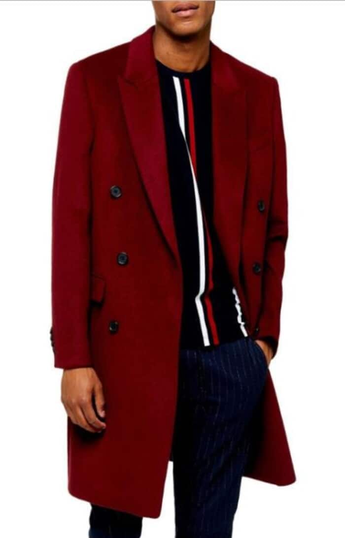 Men's Double Breasted Overcoat in Burgundy, Wine, Maroon