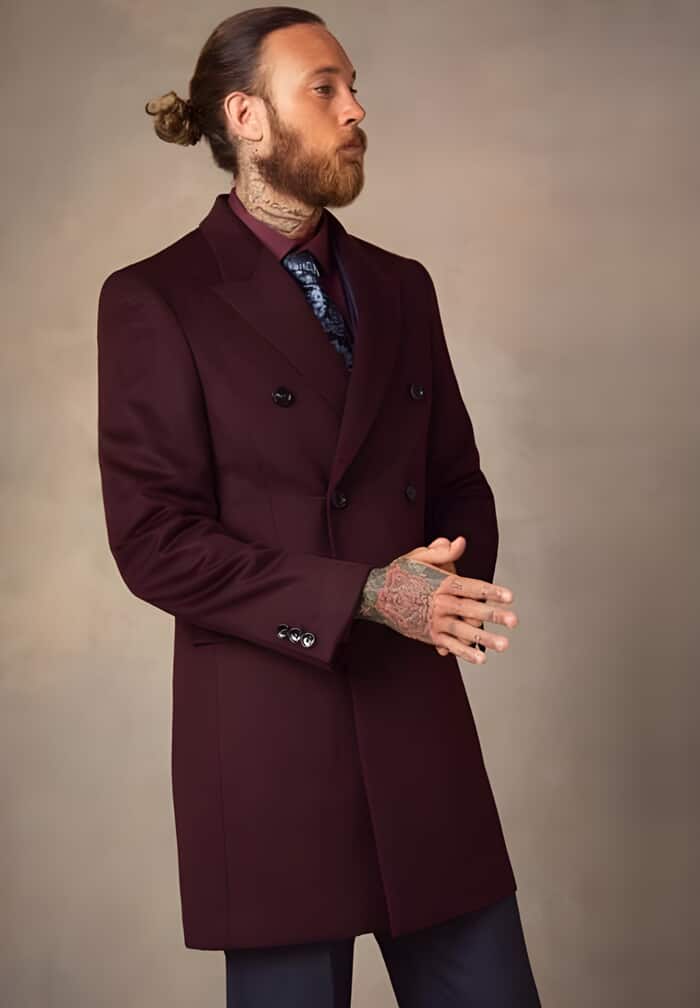 Men's Burgundy Wool Car Coat / Peacoat - Double Breasted, Mid-Length