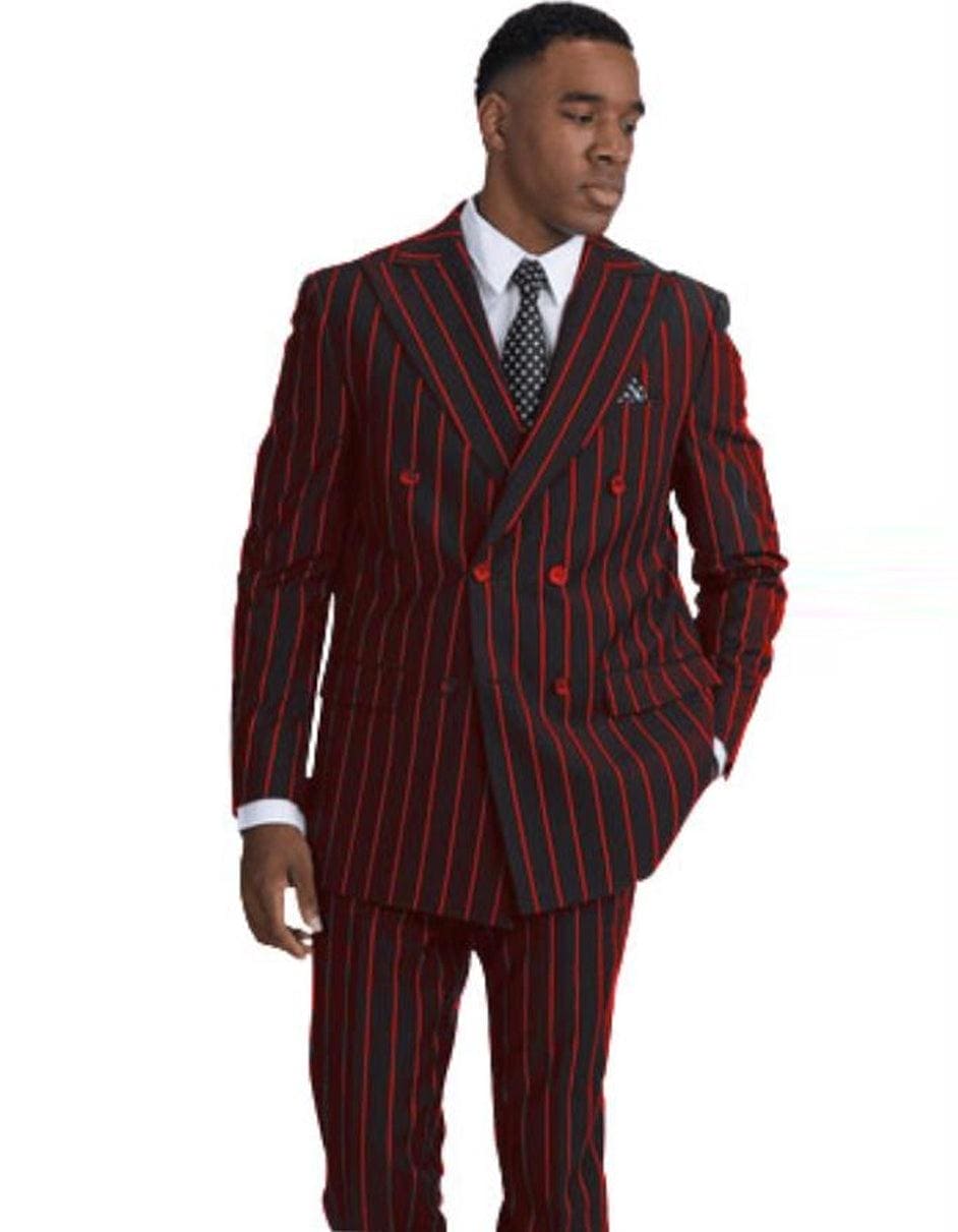 Men's Pinstripe Double Breasted Suit: Slim Fit Gangster Style Blazer & Pants (Black/Red)