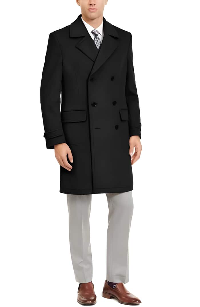 Men's Black Double Breasted Pea Coat - Wool Blend Winter Jacket