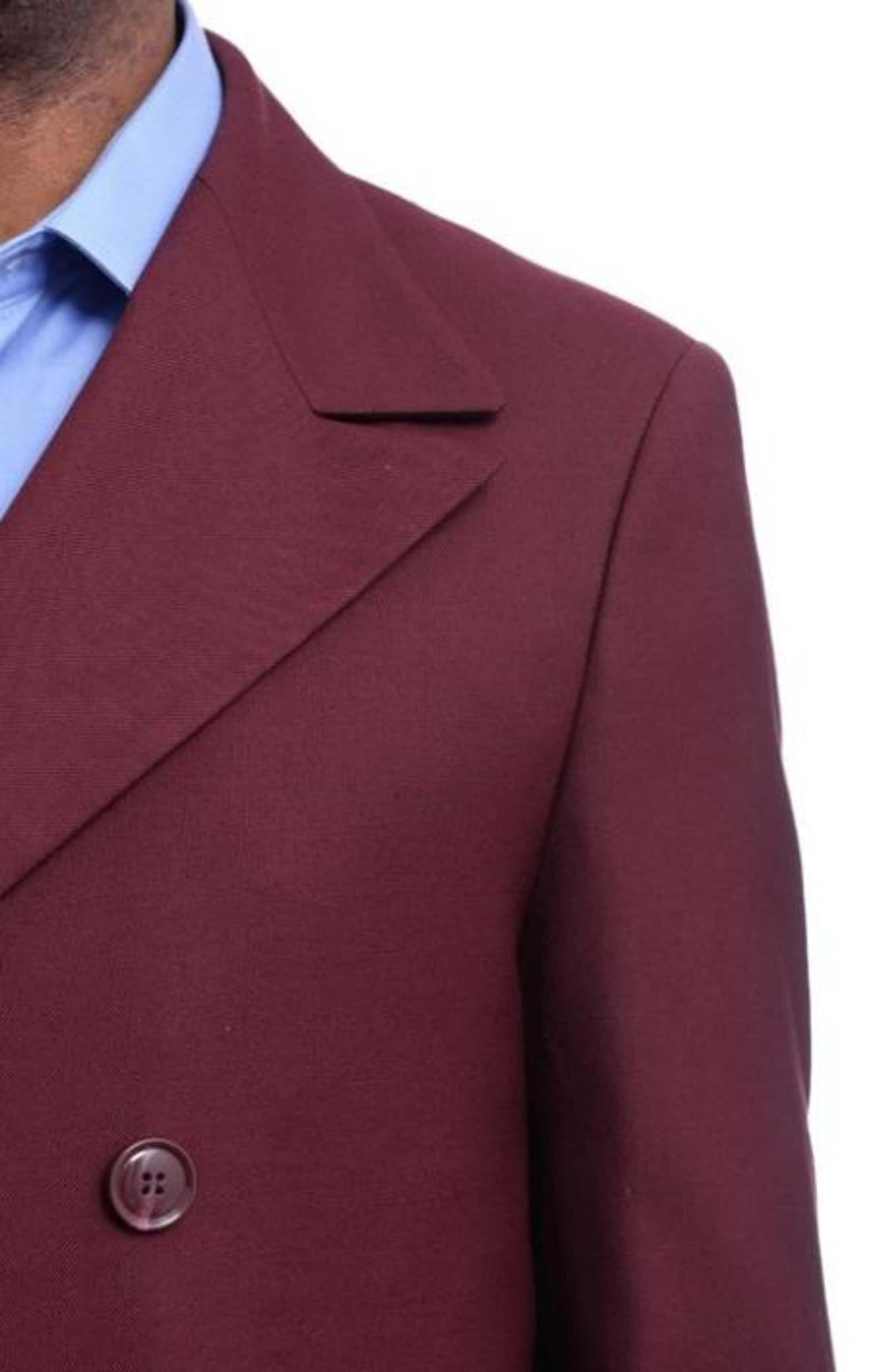 Men's Burgundy Wool Trench Coat - Double Breasted Full Length Overcoat