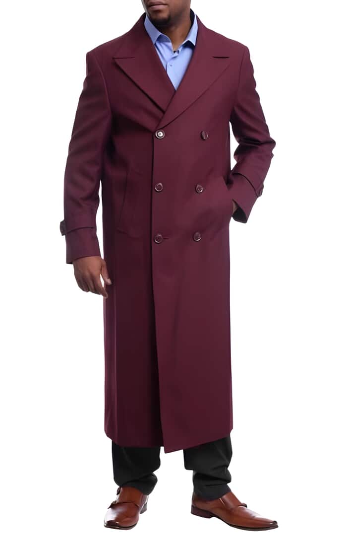 Men's Burgundy Wool Trench Coat - Double Breasted Full Length Overcoat