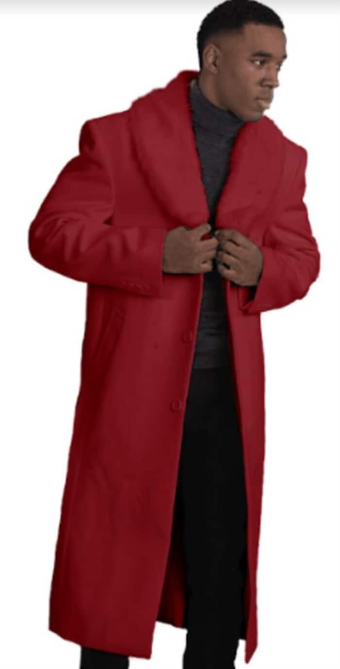 Men's Burgundy Wool Overcoat with Fur Collar - Winter Warm Topcoat