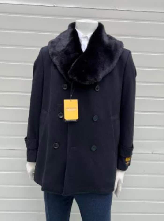 Men's Black Wool Peacoat with Fur Collar - Warm Winter Jacket