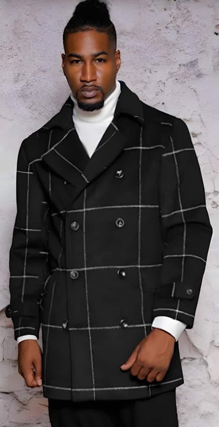 Men's Black Plaid Wool Blend Peacoat - Warm Winter Overcoat