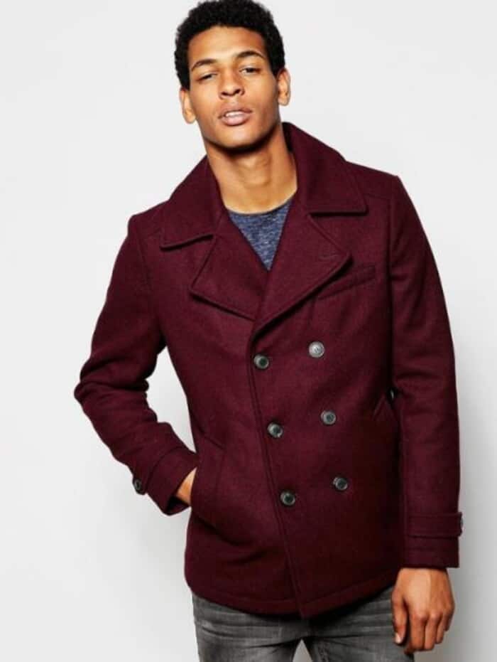 Men's Burgundy Wool Peacoat - Double Breasted Winter Coat - Designer Wool Coat Sale