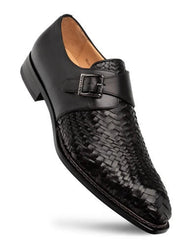 Mezlan Men's Black Leather Monk Strap Shoes: Woven Calfskin Designer Dress Shoes